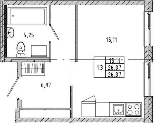 Квартира студия 26.8 м², 1/21 эт., ЖК «Новые горизонты 2»
